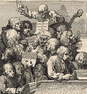 A chorus of singers rehearsing William Huggins' oratorio "Judith". Original etching. 18th Century...