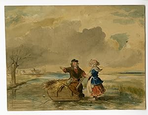 Antique Drawing-LANDSCAPE-WOMAN-HAY SLED-WINTER-NETHERLANDS-Anonymous-c. 1850