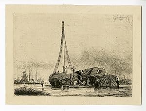 Antique Master Print-SHIP-WINDMILL-LANDSCAPE-WORKING-Linnig-1842