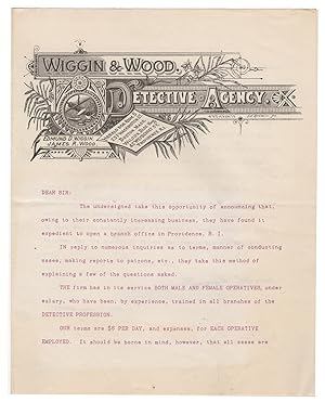 [Typed Letter Signed] Wiggin & Wood Detective Agency of Boston Announces its New Branch in Provid...