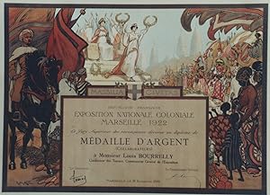 "EXPOSITION NATIONALE COLONIALE MARSEILLE 1922" Diplôme original entoilé / Litho par R. de la NÉZ...