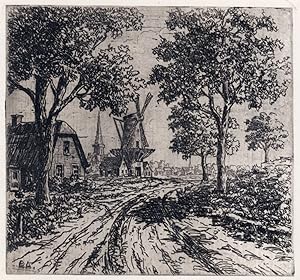Dutch road with thatched cottage and windmill