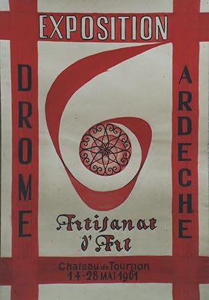 "EXPOSITION ARTISANAT d'ART DRÔME ARDÈCHE / CHÂTEAU de TOURNON 1961" Maquette gouache sur papier ...