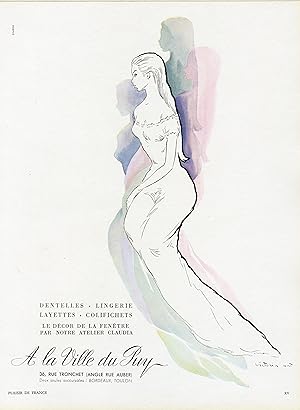 "A LA VILLE DU PUY" Annonce originale entoilée parue dans PLAISIR DE FRANCE en 1951 et illustrée ...