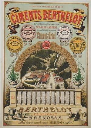 "CIMENTS BERTHELOT GRENOBLE 1894" Affiche-calendrier originale entoilée / Chromo-litho par E. CON...