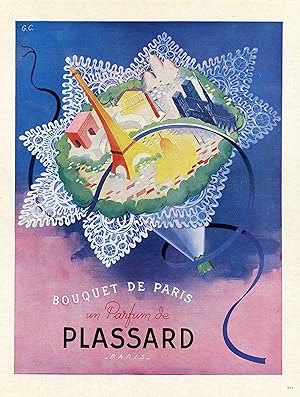 "BOUQUET DE PARIS : PARFUM PLASSARD" Annonce originale entoilée illustrée par G.C. et parue dans ...