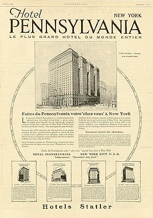 "HÔTEL PENNSYLVANIA NEW YORK" Annonce originale entoilée parue dans L'ILLUSTRATION du 18 Juin 1921