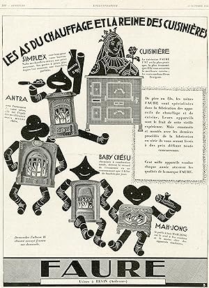 "CHAUFFAGE et CUISINIÈRES FAURE" Annonce originale entoilée parue dans L'ILLUSTRATION le 13/10/1928