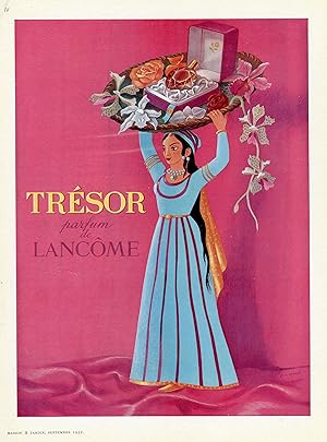 "TRÉSOR parfum de LANCÔME" Annonce originale entoilée (MAISON & JARDIN 1952)