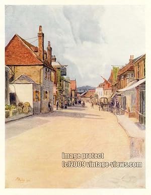 HIGH STREET SURREY IN THE UNITED KINGDOM, 1914 VINTAGE COLOUR LITHOGRAPH LEATHERHEAD