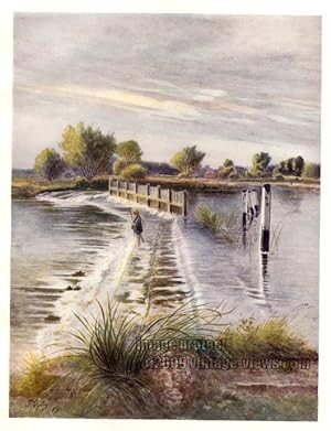 WEIR AT CHERTSEY SURREY IN THE UNITED KINGDOM,1914 VINTAGE COLOUR LITHOGRAPH