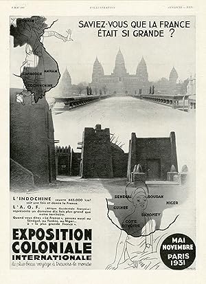 "L'INDOCHINE et L'A.O.F. à l'EXPOSITION COLONIALE de 1931" Annonce originale entoilée parue dans ...