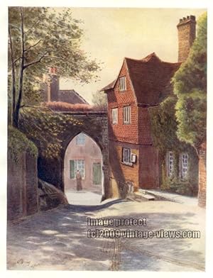 CASTLE GATEWAY AND MUSEUM IN GUILDFORD, SURREY IN THE UNITED KINGDOM, 1914 VINTAGE COLOUR LITHOGRAPH