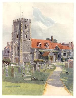 BEDDINGTON CHURCH SURREY IN THE UNITED KINGDOM,1914 VINTAGE COLOUR LITHOGRAPH