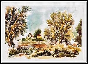 "A Corner in the Sharon" Watercolor Israel Landscape Artist: David Gilboa 1953