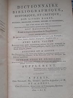 dictionnaire bibliographique historique et critique supplément des livres rares supplément