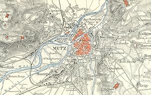 1890s Antique Colour Map METZ ,MOULINS ,MONTIGNY ,VANTOUX