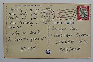 An autograph signed postcard from the second New York trip in June 1963. Addressed to the artist ...