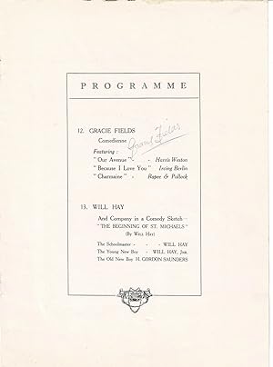A Page from a "Programme" SIGNED by the British Actress and Singer GRACIE FIELDS.