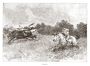COWBOYS ROPING CATTLE,1893 Historical Print