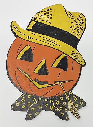 Jack-O-Lantern Pumpkin Head with Straw Hat--Halloween Decoration