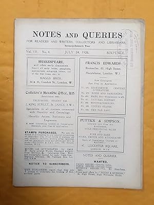 Notes and Queries for Readers and Writers Collectors and Librarians, vol. 151, no 4, July 24, 1926