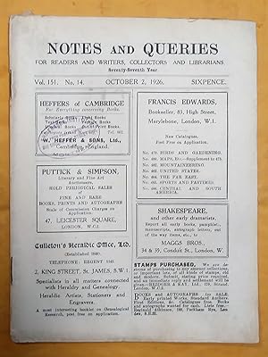 Notes and Queries for Readers and Writers Collectors and Librarians, vol. 151, no 14, October 2 1926