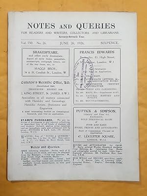 Notes and Queries for Readers and Writers Collectors and Librarians, vol. 150, no 26, June 26, 1926