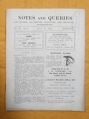 Notes and Queries for Readers and Writers Collectors and Librarians, vol. 151, no 5, July 31 1926