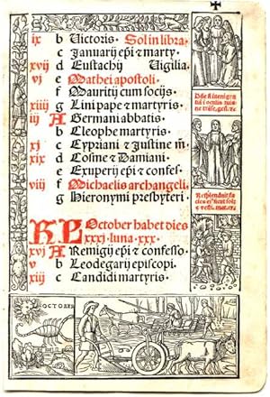 Stundenbuch: Gedrucktes Kalenderblatt Oktober eines Stundenbuches. Gedruckt in Schwarz und Rot. S...