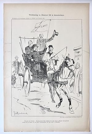 [Original lithograph/lithografie by Johan Braakensiek] Verkiezing in District IX te Amsterdam, 28...