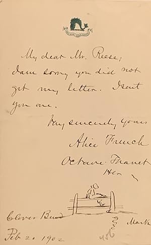 FRENCH, ALICE [THANET, OCTAVE]. Autograph Letter SIGNED with Original Art