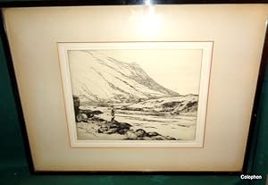 Angler in the Highlands. Dry-Point etching. "Signed".