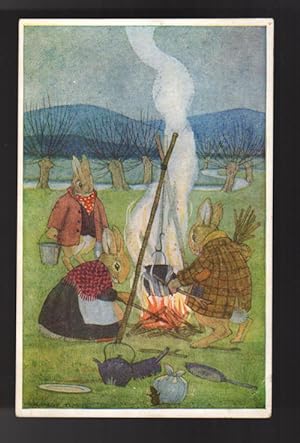 The Evening Meal Postcard - Rabbits Around Campfire