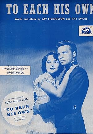 To Each His Own - Vintage Sheet Music - Olivia Dehavilland and John Lund Cover