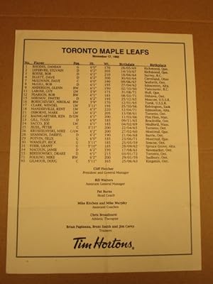 Game Sheet: November 17, 1992: Quebec Nordiques Vs Toronto Maple Leafs: Copps Coliseum, Hamilton ON