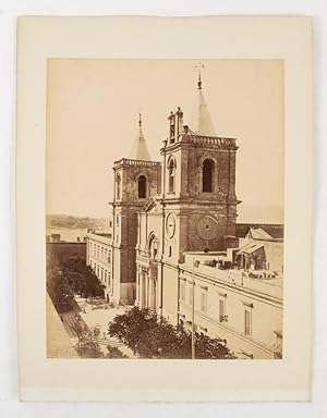 Large format albumen prints of a town hall or public building with double belfry and river scene ...