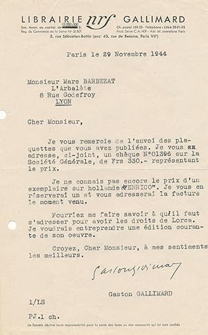 Gaston GALLIMARD lettre signée Arbalète Barbezat abonnement droits Lorca