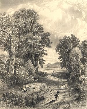 John Constable 1850 rare sepia antique print of a shepherd boy drinking from the river