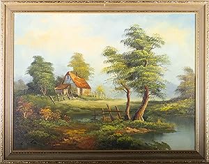 C.W. Lai - 20th Century Oil, Cottage by a Pond