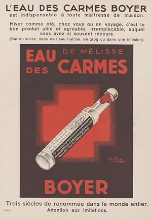 "L'EAU de MÉLISSE des CARMES BOYER" Affiche d'intérieur originale entoilée vers 1930 / Litho G. F...