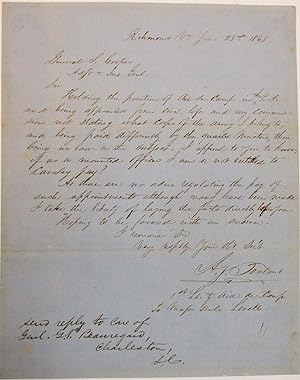 AUTOGRAPH LETTER, SIGNED "A.J. TOUTANT," TO CONFEDERATE GENERAL SAMUEL COOPER, ADJUTANT AND INSPE...