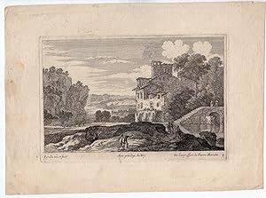 Antique Print-HOUSE NEAR RIVER-PASTORAL LANDSCAPE-Perelle-c.1730