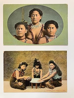 Two early C20th colour postcards of Samoa : SAMOAN GIRLS PREPARING KAWA & SAMOAN GIRLS
