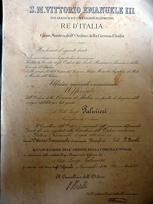 Diploma Nomina Ufficiale "Ordine della Corona d'Italia" Roma, 17 Aprile 1930