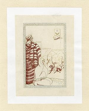 "MAROC : Fantasia marocaine" Pochoir original sur papier calque entoilé (début 1900)