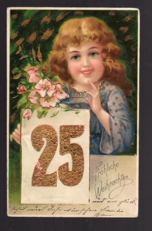 Christmas Greetings Postcard - German Gilt Embossed Girl