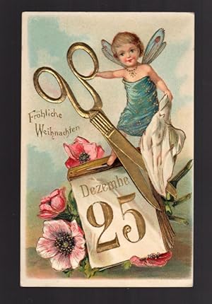 Christmas Greetings Postcard - German Embossed Gilt Fairy & Scissors