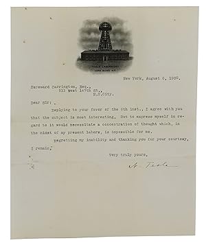 Typed letter signed by Nikola Tesla on his company stationery to paranormal researcher Hereward C...