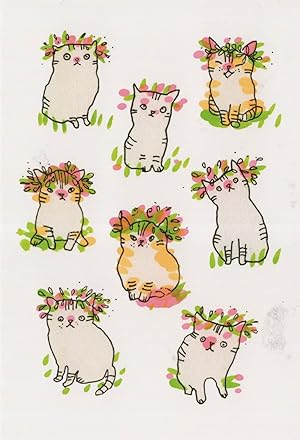 Cats Wearing A Crown Of Flowers Roses Japanese Painting Postcard